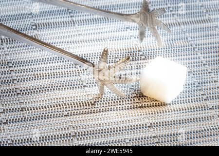 Les pinces en argent sterling sont utilisées dans un thé formel de l'après-midi avec des cubes de sucre Banque D'Images