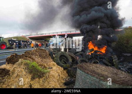 Montauban, France. 23 janvier 2024. Le feu de colère sur l'A20 avec des paysans du Tarn-et-Garonne en arrière-plan. La FNSEA et les jeunes agriculteurs du Tarn-et-Garonne rassemblent et bloquent à Montauban l'autoroute A20. France, Golfech 23 janvier 2024. Photo de Patricia Huchot-Boissier/ABACAPRESS.COM crédit : Abaca Press/Alamy Live News Banque D'Images