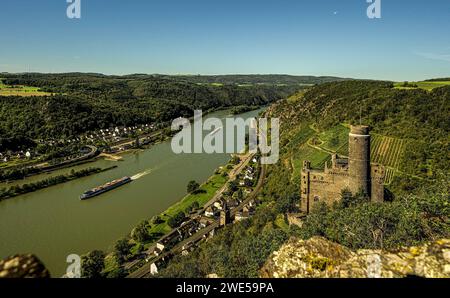 Vue du Rheinsteig au château de Maus et un bateau d'hôtel sur le Rhin, vallée du Rhin moyen supérieur, St. Goarshausen, Rhénanie-Palatinat, Allemagne Banque D'Images