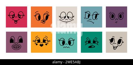 Carrés colorés avec des visages rétro. Mascotte drôle de dessin animé, personnage comique, style d'animation vintage, emoji psychédélique, autocollants de style des années 50, sourire rétro Illustration de Vecteur