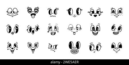Visages rétro de dessin animé. années 50, vieux éléments d'animation des années 60, personnages de comics drôles, émotions mignonnes, personnages de mascotte vintage heureux. Éléments créateurs Illustration de Vecteur