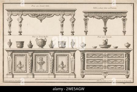 Tables, buffet Cabinet et commode, Jean François de Neufforge, 1767 impression au-dessus d'une grande table avec motif coquillage, guirlandes et termes. Juste au-dessus d'une table sur trois pieds avec guirlandes. Laissé sous un placard à buffet avec des termes, des vases et de la vaisselle. Juste sous une commode avec six tiroirs et service. Impression numéro 582. Table de gravure en papier Paris. étagères, rack, buffet. armoire ornementale Banque D'Images