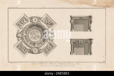 Haarden twee plafond, Berthault, Jacques-François Chéreau, d'après Jean Charles Delafosse, 1771 impression à gauche d'un plafond rond orné avec putti avec torches au milieu. Deux cheminées sur la droite. Paris papier gravure / gravure (décoré) plafond. foyer ouvert, cheminée Banque D'Images