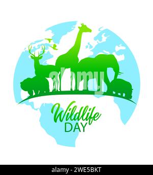 Bannière ou affiche de célébration de fête de la journée mondiale de la faune avec ours grizzli, cerf et girafe, éléphant, hippopotame animaux sauvages silhouettes vertes sur fond de vecteur globe bleu de la planète Terre Illustration de Vecteur