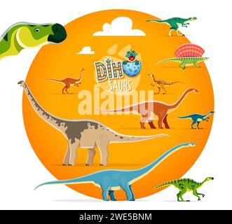 Personnages de dinosaures de dessin animé, reptiles éteints mignons. Reptile préhistorique, animal jurassique. Ryosaurus, Cetiosaurus, Scutellosaurus et Edaphosaurus, Kileskus, personnage vecteur dinosaure Mamenchisaurus Illustration de Vecteur