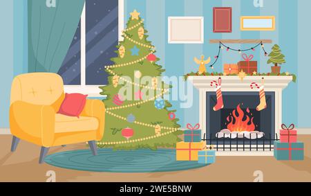Intérieur de Noël avec cheminée. Foyer. Guirlandes festives. Chaussettes cadeaux. Boîtes à cadeaux. Chambre confortable. Maison décorée. Arbre de Noël avec des jouets Illustration de Vecteur