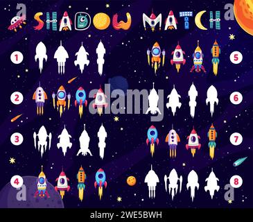 Feuille de calcul de jeu de match d'ombre, trouver des silhouettes identiques de fusée spatiale, quiz de puzzle vectoriel. Jeu de dessin animé pour enfants pour trouver la même navette de vaisseau spatial ou vaisseau spatial fusée pour deviner et assortir les silhouettes Illustration de Vecteur