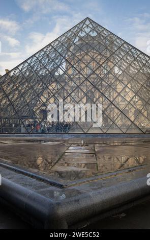 France, Paris - Jan 03, 2024 - devant le célèbre musée du Louvre et sa grande pyramide de verre pendant la journée avec effet de réflexion de l'eau par After Banque D'Images