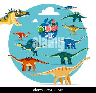 Dinosaure de dessin animé, personnages drôles de reptiles. Lézard jurassique, reptile éteint. Amygdalodon, Neovenator, Lexovisaurus et Metriorhynchus, Aragosaurus, Oxalaia paléontologie dinosaures vecteurs personnages Illustration de Vecteur