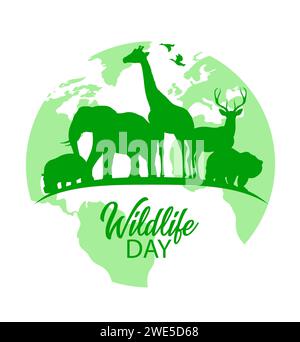 Affiche vectorielle de jour de la faune, silhouettes vertes d'animaux sauvages sur le globe terrestre. Diversité biologique hippopotame, ours, girafe et éléphant avec cerfs et canards forêt et animaux africains planète faune vacances Illustration de Vecteur