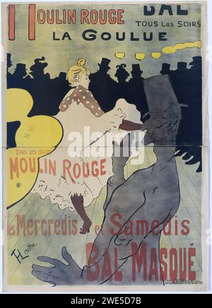 Affiche pour le Moulin Rouge, Henri de Toulouse-Lautrec, affiche 1891. Imprimer au milieu la célèbre canvanienne Louise Weber, surnommée la Goulue. L’homme au chapeau haut de gamme est son partenaire de danse, Jacques Renaudin, plus connu sous le nom de Valentin le Désossé. Paris paper ball, danse formelle. Dancing Red Mill Banque D'Images