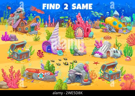 Trouver deux mêmes dessins animés Fairytail sous-marins bâtiments de maison de feuille de calcul de jeu. Puzzle de quiz de vecteur avec la tâche d'assortir coquille de mer, coffre au Trésor, bateau de pêche, bateau et sous-marin, corail et maisons de ruine Illustration de Vecteur