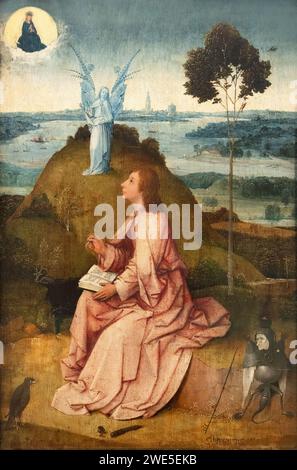 Hieronymus Bosch peinture, Saint Jean l'Evangéliste sur Patmos, 1489. Exemple du 15e siècle des premières peintures hollandaises. Gemaldegalerie Berlin Banque D'Images