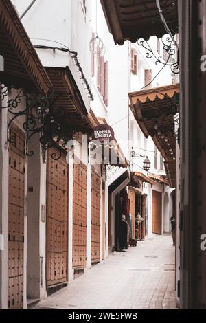 Tanger, Maroc. 15 octobre 2022 - les portes, avec le même design, de quelques boutiques de souvenirs avant l'heure d'ouverture, dans les rues commerçantes étroites Banque D'Images