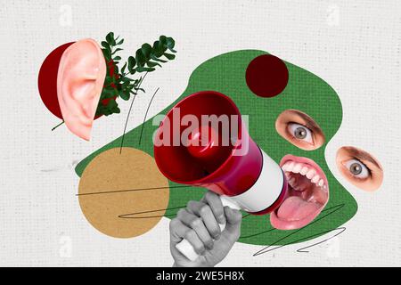 Collage photo image affiche visage fragments concept bizarre criant haut-parleur proclamer les droits de protestation Banque D'Images