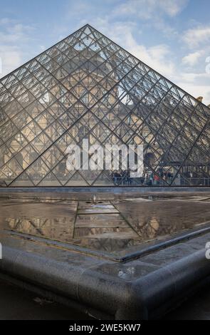 France, Paris - Jan 03, 2024 - devant le célèbre musée du Louvre et sa grande pyramide de verre pendant la journée avec effet de réflexion de l'eau par After Banque D'Images