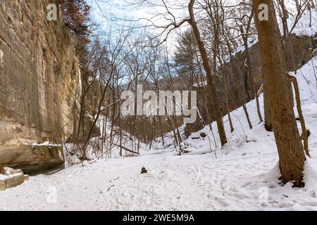 Sentier de randonnée dans le canyon d'Ottawa un matin d'hiver vigoureux avec un paysage enneigé. Starved Rock State Park, Illinois, États-Unis. Banque D'Images