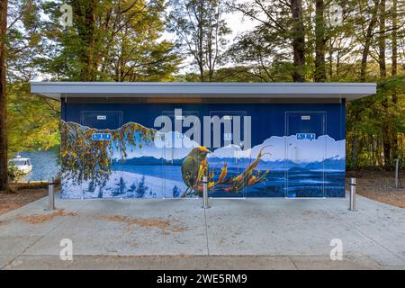 Murale avec un Bellbird parmi des fleurs de lin sur un bâtiment public pré-fabriqué avec quatre toilettes à Pearl Harbor, à Manapouri, Aotearoa (Nouvelle-Zélande), te Waip Banque D'Images