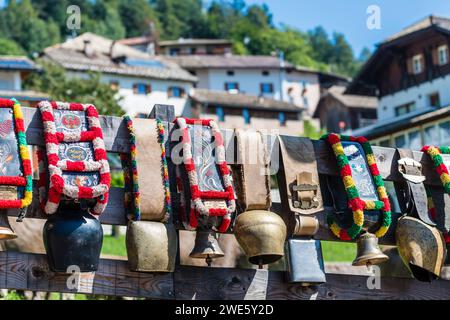 Promenade de bétail, cloches de vache, Truden, Tyrol du Sud, Alto Adige, Italie Banque D'Images