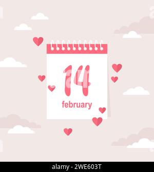 Calendrier quotidien avec date février 14 et coeurs volants sur fond de nuage beige. Illustration vectorielle de la Saint-Valentin dans un style plat Illustration de Vecteur