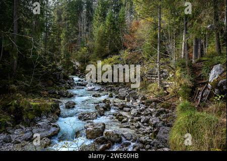 Sentier mural sentier nature sur le ruisseau / rivière Ramsauer Ache, randonnée dans la forêt magique à Hintersee dans le village d'alpinisme de Ramsau. Ramsau nea Banque D'Images