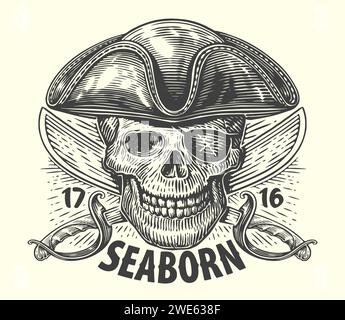 SEABORN. Pirate en chapeau armé avec sabres croisés. Esquisse de tête de crâne illustration vectorielle vintage Illustration de Vecteur