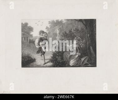 Old Lady regarde un couple embrassant, Dirk Jurriaan Sluyter, 1826 - 1886 imprimer Une femme plus âgée qui s'agenouillait derrière un buisson semble choquée par un jeune couple embrassant. Le jeune homme porte sa bien-aimée sur le dos. En arrière-plan une statue d'un Cupido les yeux bandés. Amsterdam gravure sur papier / gravure embrassant les uns les autres, s'embrassant. statues, sculptures dans le jardin. parasol, parasol Banque D'Images