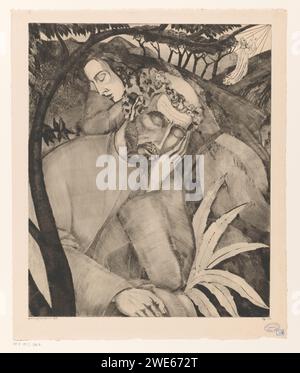 Christ Op de Olijf Mont, Lodewijk Schelfhout, 1924 imprimer deux disciples endormis sur le mont des oliviers. À droite, en arrière-plan, Christ qui prie à genoux. Papier point sec prière du Christ dans le jardin de Gethsémani pendant la nuit Banque D'Images