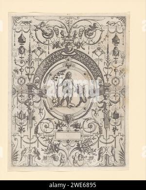 Cartouche ovale avec Hercule et la bulle kétenzienne, Johannes de Lucas van Doetechum, d'après Hans Vredeman de Vries, 1565 - 1571 estampe Hercule, debout à côté d'un arbre, le taureau crétoise avec sa main gauche. Un arc court sur le cartouche, décoré de motifs de feuilles, qui est porté par deux Hermen féminins. De la série de page de titre + 16 magazines avec cartouches ou fantaisies d'architecture avec une performance dans un cadre de grotes 'avec fable être, animaux, guirlandes, trophées et mascarons. Pays-Bas (peut-être) gravure sur papier Banque D'Images