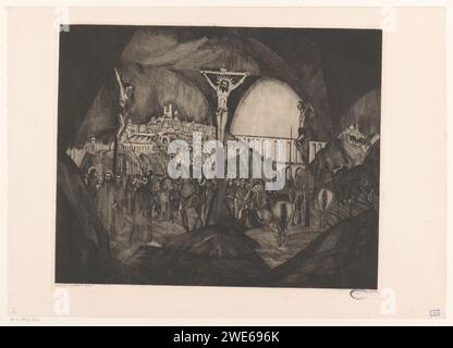 Golgotha I, Lodewijk Schelfhout, 1914 imprimer Christ et les deux criminels sur la croix sur la colline calme. Parmi eux une foule de gens et de cavaliers à cheval. En arrière-plan deux parties d'une ville qui sont reliées par un pont. Papier point sec la crucifixion du Christ : prélude à la mort du Christ sur la croix (Matthieu 27:34-44, Marc 15:23-32, Luc 23:33-43, Jean 19:18-24). vue sur la ville et paysage avec constructions artificielles Banque D'Images