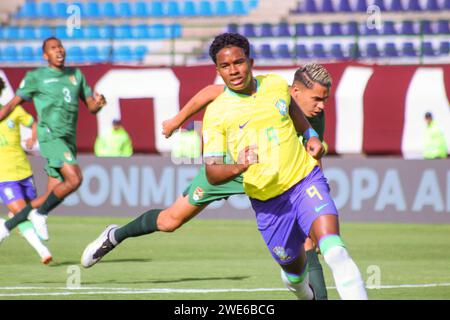 23 janvier 2024, %G, New York, USA : Caracas (Ven), 01/23/2024 Ã¢â‚¬s' VENEZUELA/BRÉSIL X BOLIVIE TOURNOI/PRÉ-OLYMPIQUE Ã¢â‚¬s' Endrick du Brésil marque et célèbre son but dans un match contre la Bolivie, dans le 1e tour du tournoi pré-olympique sud-américain des moins de 23 ans. Venezuela, au Stade national Brigido Iriarte à Caracas, Venezuela, ce mardi 23 janvier 2024. (Image de crédit : © Raul Zambrano Cabello/TheNEWS2 via ZUMA Press Wire) USAGE ÉDITORIAL SEULEMENT! Non destiné à UN USAGE commercial ! Banque D'Images