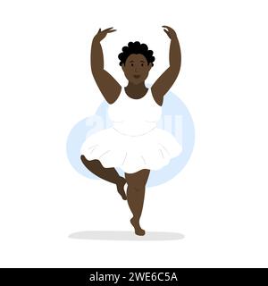 Ballerine afro-américaine. Femme dansante plus taille. Personnage de dessin animé isolé en dynamique. Ballet classique de danse humaine en peau noire. Illustration de Vecteur