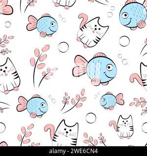 Texture sans couture avec des chats et des poissons Illustration de Vecteur