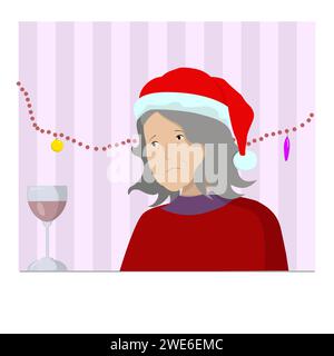 Triste vieille femme en chapeau de Père Noël. Costume de Noël Illustration de Vecteur