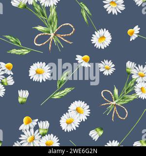 Motif sans couture aquarelle avec illustration de fleurs blanches de Marguerite isolée sur fond blanc. Camomille. Détail des produits de beauté et ensemble botanique, c Banque D'Images