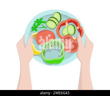 Assiette avec des légumes frais tranchés dans les mains Illustration de Vecteur
