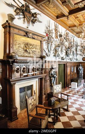 Intérieur néo-renaissance allemande du début du 20e siècle des halls de l'armure avec cheminée, armure et exposition d'armes, château de Peles, Sinaia, Roumanie Banque D'Images