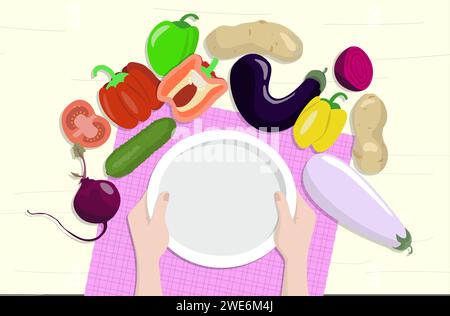 Ensemble de légumes et mains tenant une assiette vide. Illustration de cuisine. Illustration de Vecteur