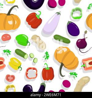 Légumes et leurs tranches motif sans couture dans le style de bande dessinée Illustration de Vecteur