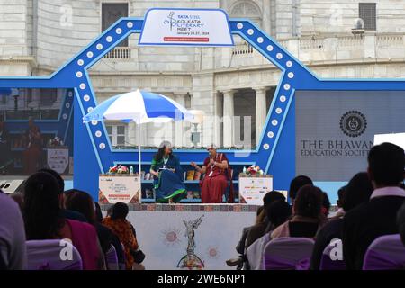 Kolkata, Inde. 23 janvier 2024. Écrivain éminent et lauréat Padma Bhushan 2023 Sudha Murthy prend la parole à la rencontre littéraire Tata Steel Kolkata 2024 au Victoria Memorial Hall. (Photo de Sayantan Chakraborty/Pacific Press) crédit : Pacific Press Media production Corp./Alamy Live News Banque D'Images