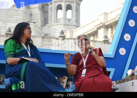 Kolkata, Bengale occidental, Inde. 23 janvier 2024. Écrivain éminent et lauréat Padma Bhushan 2023 Sudha Murthy prend la parole à la rencontre littéraire Tata Steel Kolkata 2024 au Victoria Memorial Hall. (Image de crédit : © Sayantan Chakraborty/Pacific Press via ZUMA Press Wire) USAGE ÉDITORIAL SEULEMENT! Non destiné à UN USAGE commercial ! Banque D'Images