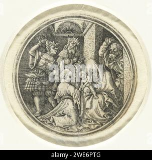 Adoration des rois, HL monogrammiste (16e siècle), 1505 - 1533 imprimer Marie avec l'enfant Christ sur ses genoux, derrière elle se dresse Joseph. Trois rois dont un à genoux offrent des cadeaux. Faisait partie de deux représentations sur un disque avec la naissance du Christ. Allemagne gravure sur papier adoration des rois : les Sages présentent leurs dons au Christ-enfant (or, encens et myrrhe) Banque D'Images