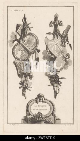 Turkije, Etienne Claude Voysard, Charles le Père & Pierre -Michel Avaulez, d'après Jean Charles Delafosse, 1772 - 1779 imprimer deux trophées avec des boucliers. A gauche avec des livres, une tête de chèvre et des armes. Droit avec une ancre, une demi-lune, des serpents et des masques. Trophée de gravure / gravure sur papier Paris, c'est-à-dire : arrangement décoratif d'objets symboliques ou typiques  ornement. Turquie Banque D'Images
