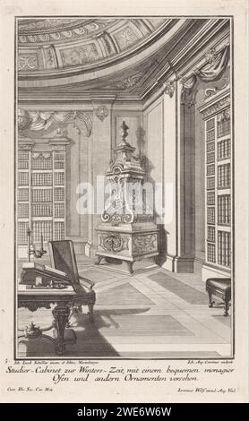 Cabinet d'étude avec Schouw, Johann August Corvinus, d'après Johann Jakob Schübler, en ou après 1724 imprimer Un cabinet d'étude avec une cheminée ornementée, des bibliothèques et une table d'écriture. Dans la marge inférieure un texte allemand de deux lignes. Après conception par : Neurenbergpublisher : Augsburgpublisher : étude de gravure / gravure sur papier d'Augsburg ; 'studiolo' ; bibliothèque. foyer ouvert, cheminée. étagères. bureau, bureau Banque D'Images