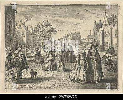 Citadins dans une rue, Theodor Matham, d'après Adriaen Pietersz van de Venne, 1628 imprimer un certain nombre de femmes dans une rue d'une ville, à gauche deux hommes avec deux chiens, des enfants jouant à droite. Nord des pays-Bas gravure sur papier vue de la ville en général ; 'veduta' (+ ville(-scape) avec chiffres, staffage). voie publique Banque D'Images