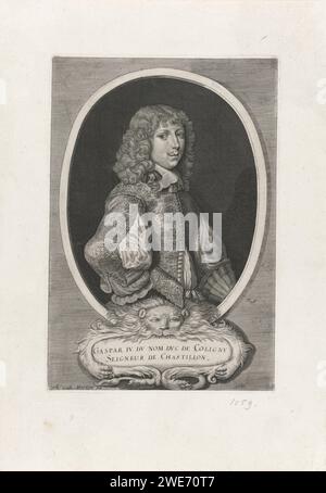 Portret van Gaspard de Coligny (IV), Theodor Van Pony (II), 1635 - 1672 tirage Portrait de Gaspard de Coligny (IV), duc de Coligny et seigneur de Châtillon. Au milieu d'un cartouche ornemental avec une tête de lion. Anvers gravure / gravure sur papier Banque D'Images