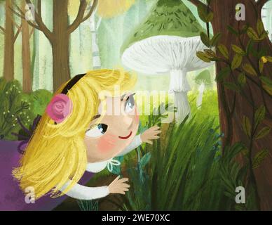 scène de dessin animé avec magicaly regardant prairie dans la forêt en journée ensoleillée avec l'illustration de petite princesse de fille d'enfant pour les enfants Banque D'Images