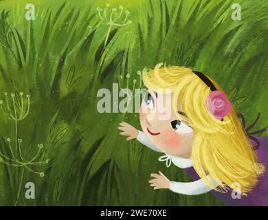 scène de dessin animé avec magicaly regardant prairie dans la forêt en journée ensoleillée avec l'illustration de petite princesse de fille d'enfant pour les enfants Banque D'Images