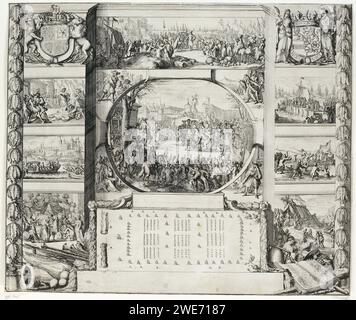 Allégorie en l'honneur de Guillaume III quand il est venu en Angleterre, 1688, Romeyn de Hooghe, 1688 - 1689 imprimer allégorie en l'honneur de Guillaume III à son arrivée en Angleterre, 1688. A gauche, sous les armoiries de Jacobus II trois scènes du Wandaden sous son règne, dont la naissance du Molenaarskind, au milieu de l'arrivée de Guillaume III en Angleterre et son entrée à Londres, juste sous l'arme de Guillaume III trois scènes du départ du prince des pays-Bas et de l'arrivée de son bateau sur la côte. Au bas au milieu, la formation dans laquelle la flotte navigue vers l'Angleterre. Banque D'Images