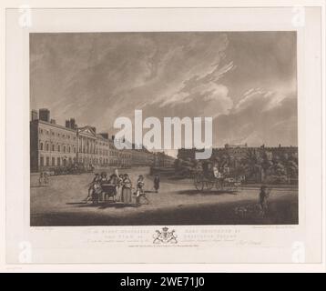 Vue de Grosvenor Square à Londres, Robert Pollard (I), d'après Edward Dayes, 1789 imprimer Londres papier gravure carré, place, cirque, etc (+ city(-scape) avec chiffres, staffage). véhicule à quatre roues, tiré par des animaux, p.ex. cabine, voiture, autocar. Musique populaire, musique de rue Grosvenor Square Banque D'Images